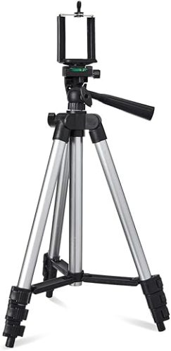 Amazon Basics 3110 Aluminium Lightweight Tripod with Mobile Phone Holder, 3-Way Pan Head | for All Smart Phones, Cameras, Ring Lights, Panel Reflectors, Umbrellas & Flashlights with Carry Bag, 110 cm
