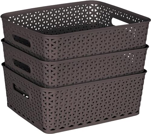 Bel Casa Medium Size Baskets Set Pack of 3 Royal Basket Multipurpose Plastic Storage Baskets for Wardrobe / Home / Kitchen – Dark Brown