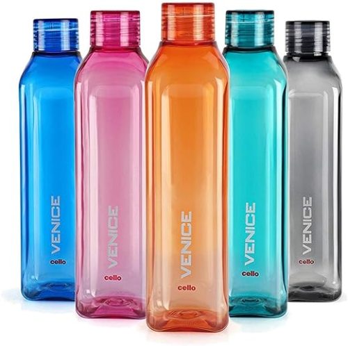 CELLO Venice Plastic Water Bottle | Unbreakable and Hygienic | Perfect for staying hydrated at the school,college, work, gym and outdoor adventures Water Bottle | 1 Litre | Set of 5, Assorted