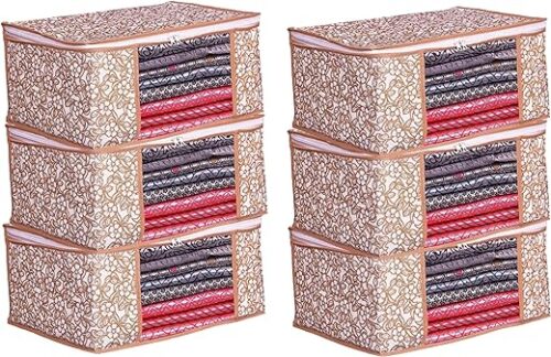 Stysol Set of 6 Non-Woven Printed Saree Cover/Cloth Storage/Organizer with Transparent Window (Grey) (Featured on Shark Tank)