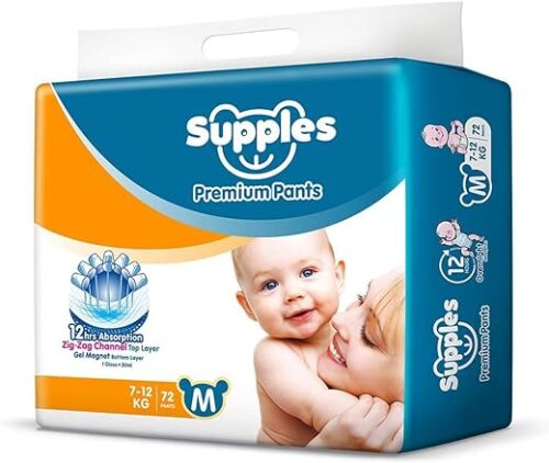 Supples Premium Diapers, Medium (M), 72 Count, 7-12 Kg, 12 hrs Absorption Baby Diaper Pants